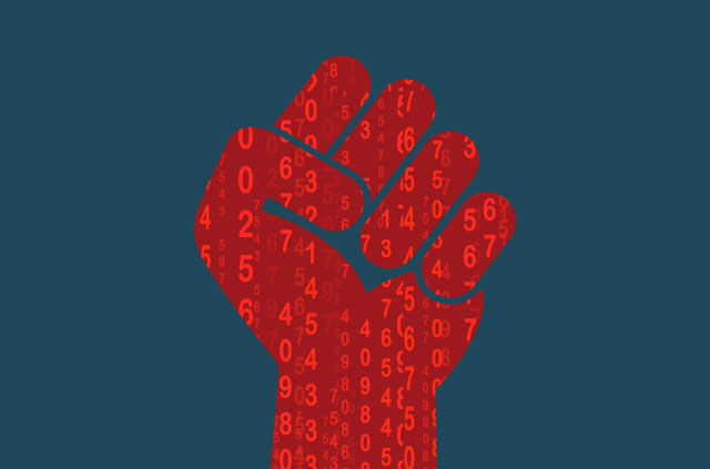 Megaphone with encrypted messages coming from it.