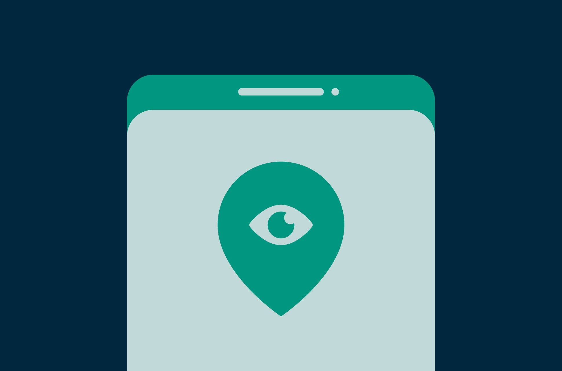 Location symbol with an eye on a phone.