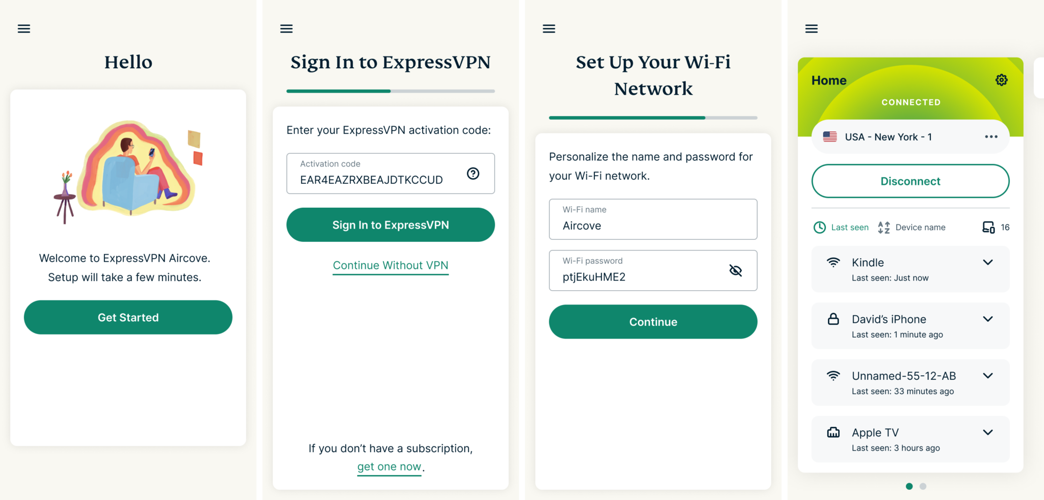 Aircove setup screens.