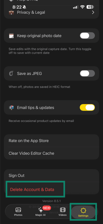 Lensa settings showing “Delete Account & Data” option.