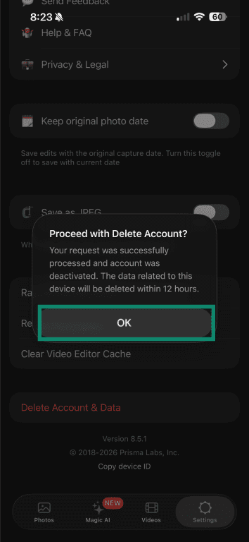 Lensa account deletion success message with “OK” button.