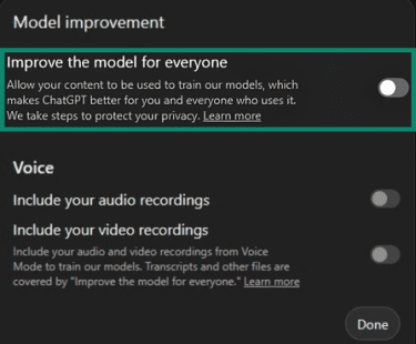 ChatGPT Model improvement settings with Improve the model for everyone toggle highlighted.
