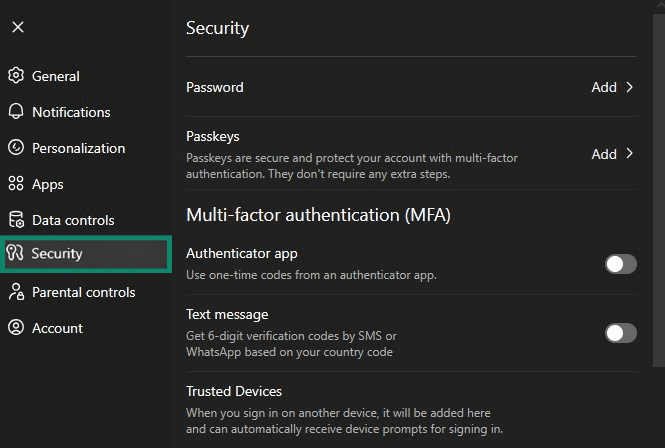 ChatGPT settings Security tab.