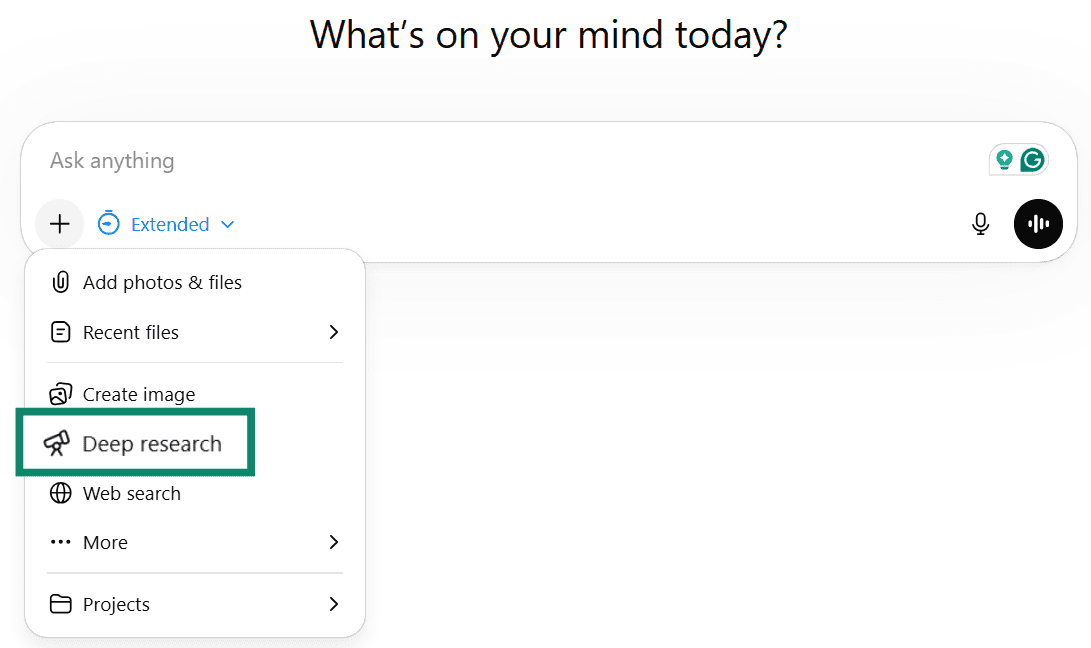 ChatGPT tools menu with Deep research highlighted.