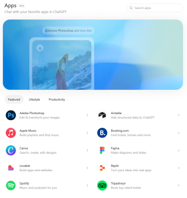 ChatGPT Apps page showing featured integrations, including Photoshop, Airtable, Canva, and Figma.