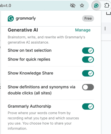 Managing the Grammarly browser extension toggles directly on a website.