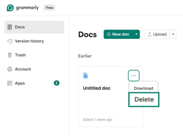 Deleting documents in the Grammarly Editor interface.