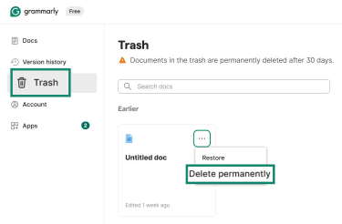 Permanently deleting documents from the Trash in the Grammarly Editor.