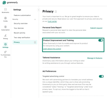 Opting out of the Grammarly AI training.