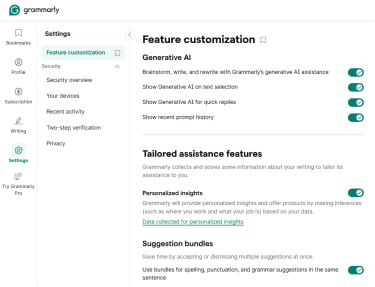 The Feature customization options under Grammarly's Account Settings.