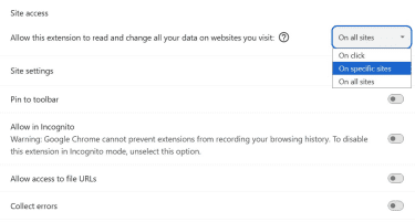 Site access options for the Grammarly browser extension in Chrome.