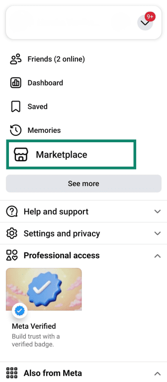 Marketplace option on the Facebook app.