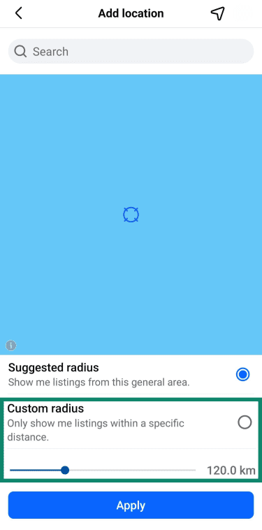 Custom radius option on Marketplace in the Facebook app.