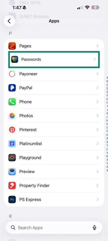 iPhone Apps settings showing Passwords option.