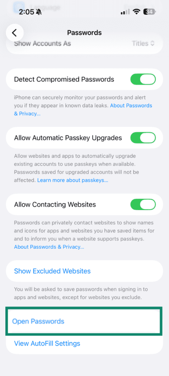 iPhone Passwords settings with Open Passwords option.