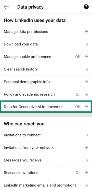 LinkedIn Data privacy page with AI training setting