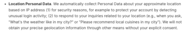 DeepSeek's policy on the collection of location personal data.