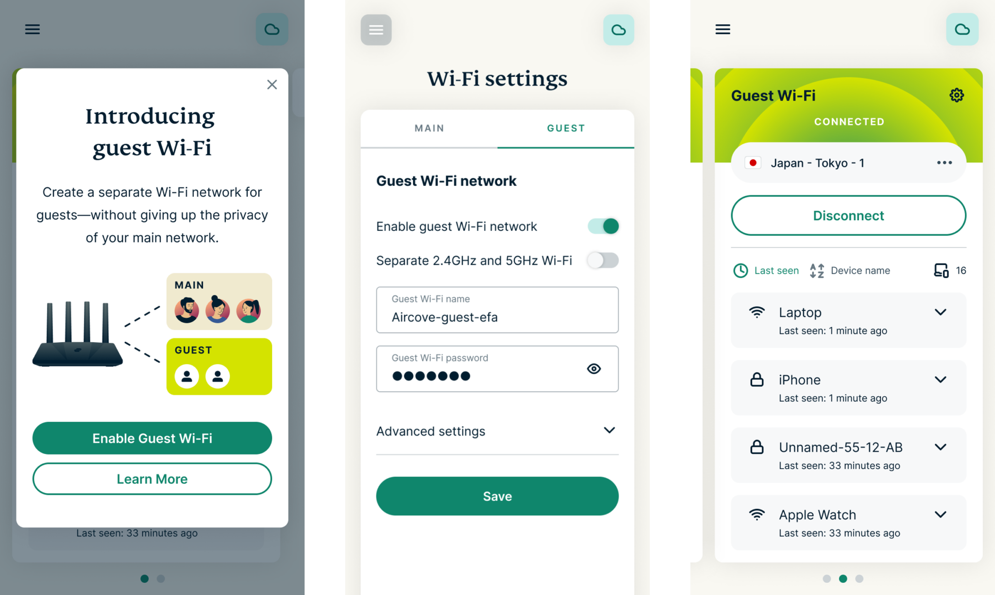 Screenshots showing the guest Wi-Fi feature on AircoveOS