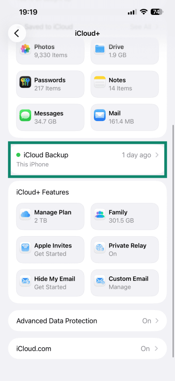 The iCloud menu of an iPhone, showing the iCloud Backup option.
