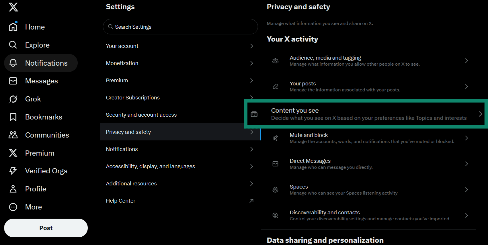 The Privacy and safety section of the Twitter settings menu, showing the Content you see option.