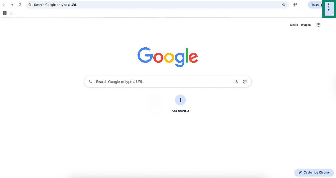 Chrome browser home screen with the three-dot menu highlighted in the top-right corner