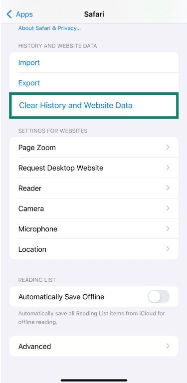  The "Clear History and Website Data" option in the Safari iPhone settings.