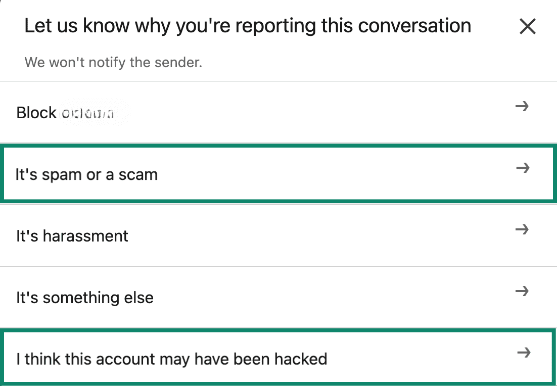 Close-up of the LinkedIn report menu with the options 'It's a spam or a scam' and 'I think this account may have been hacked' highlighted.
