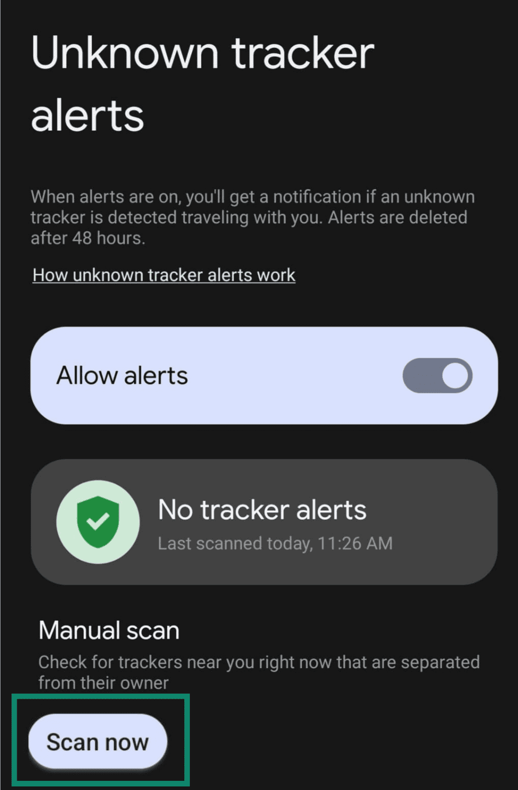 Screenshot of the Unknown tracker alert options page on Android with the Scan now button highlighted.