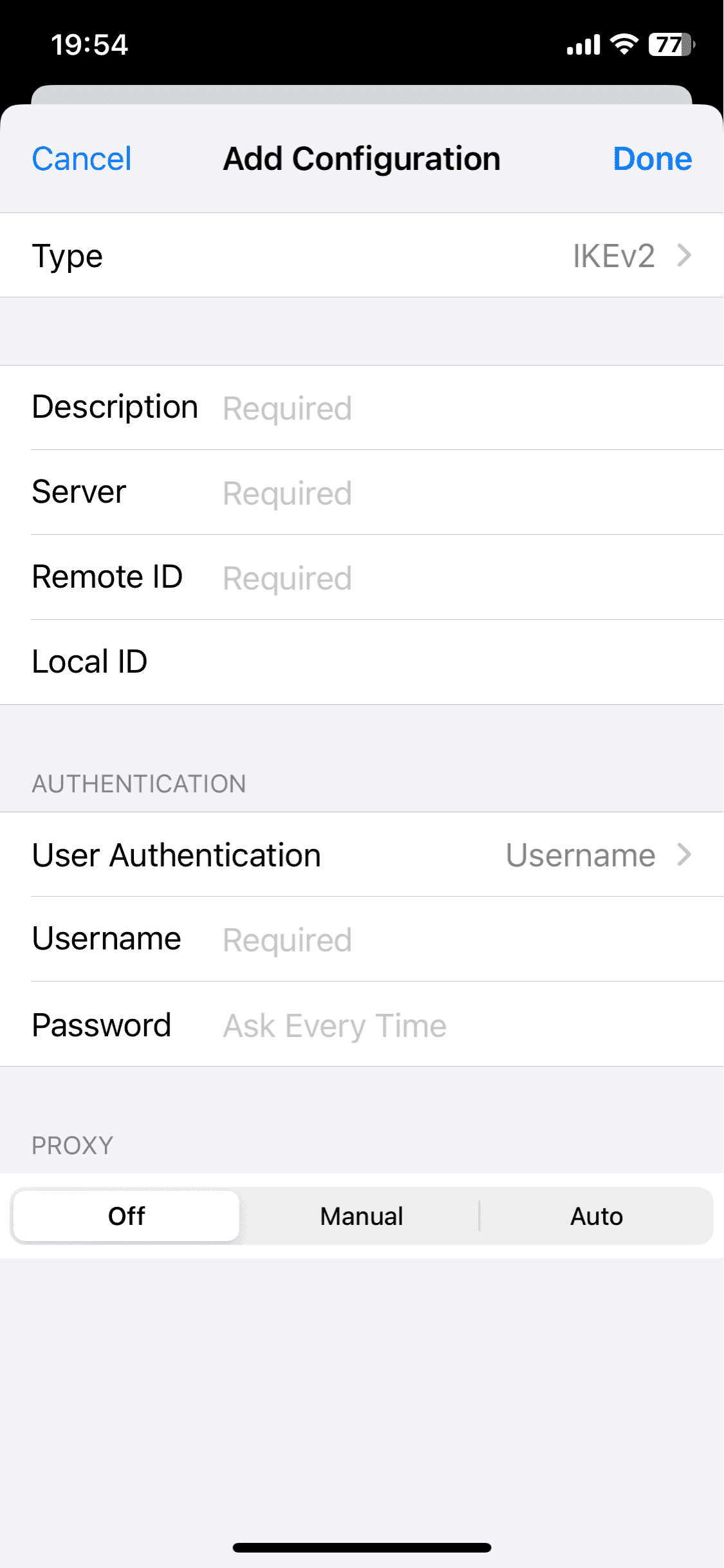 iPhone VPN configuration screen