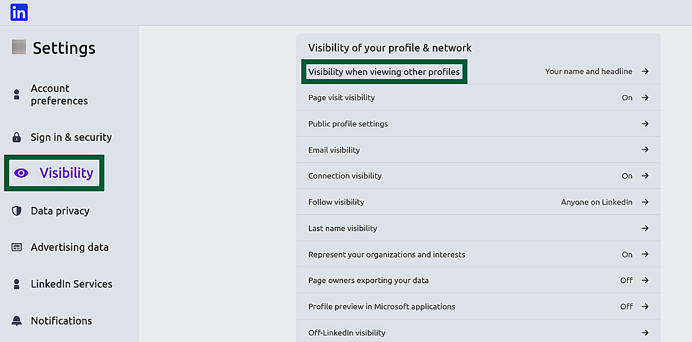 LinkedIn settings showing the "Visibility" and "Visibility when viewing other profiles" options highlighted.
