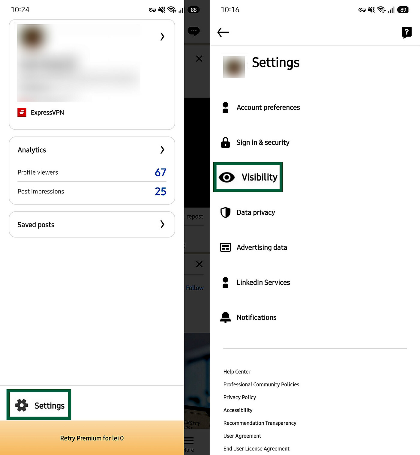 LinkedIn on mobile showing the "Settings" and "Visibility" options highlighted.