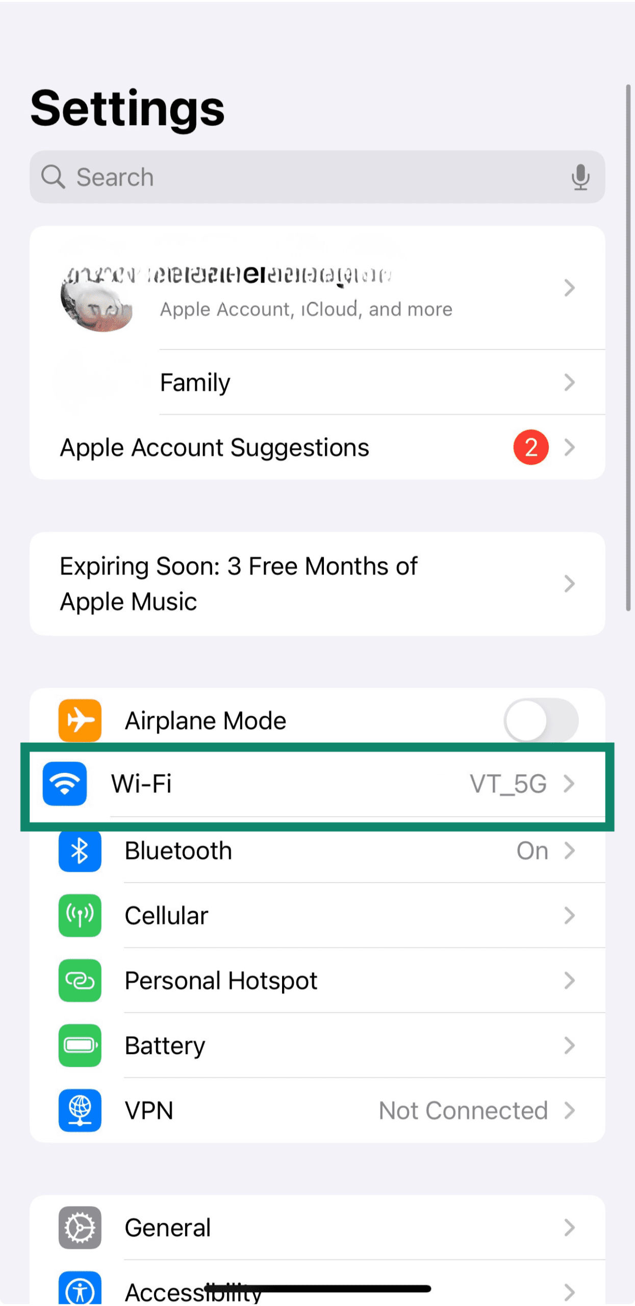 iPhone settings screen with Wi Fi highlighted.