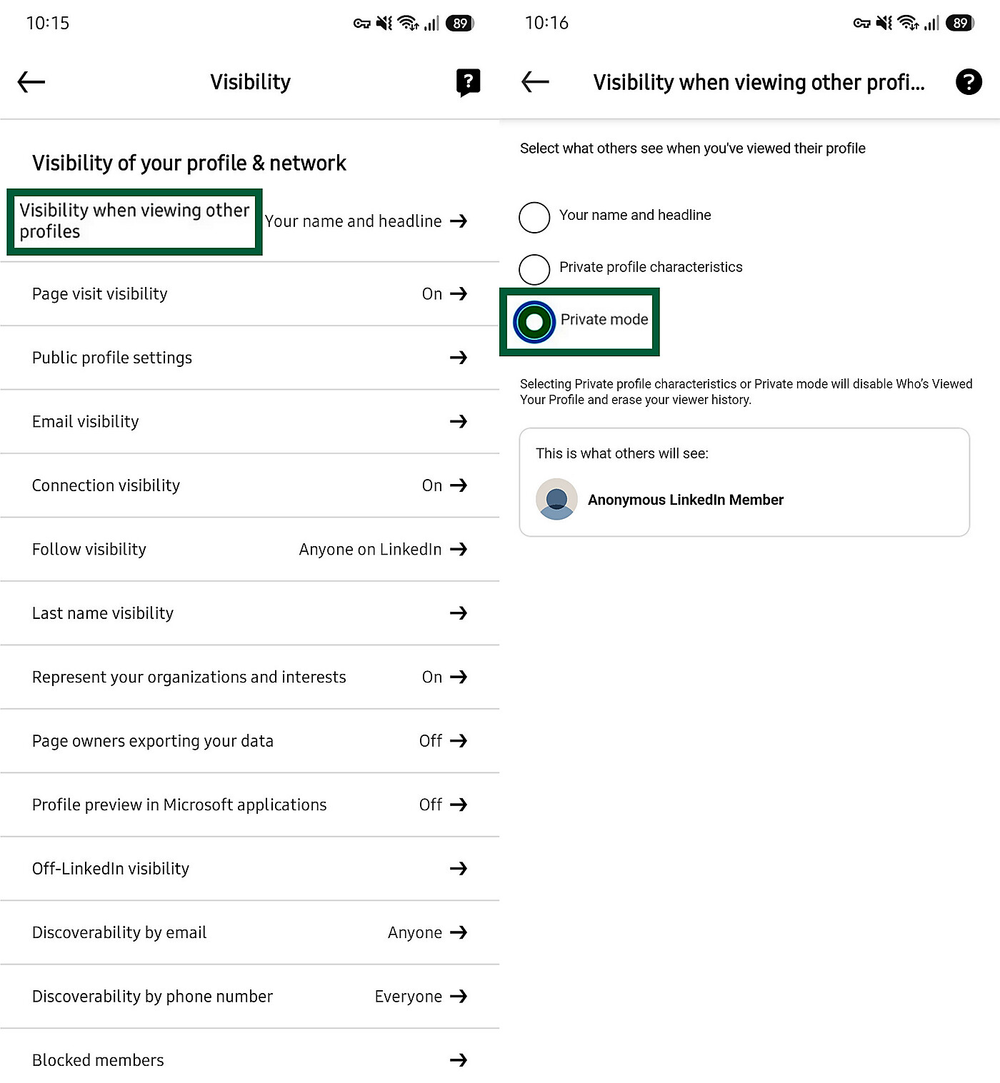 LinkedIn on mobile showing the "Visibility when viewing other profiles" and "Private mode" options highlighted.