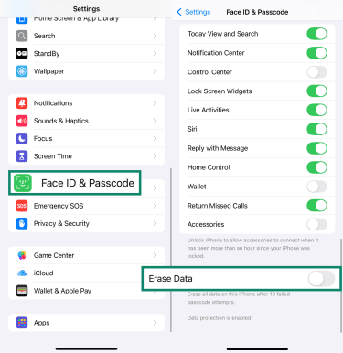 Side-by-side screenshots of the ‘Face ID & Passcode’ settings on an iPhone, highlighting the ‘Erase Data’ option that wipes the device after 10 incorrect passcode entries.