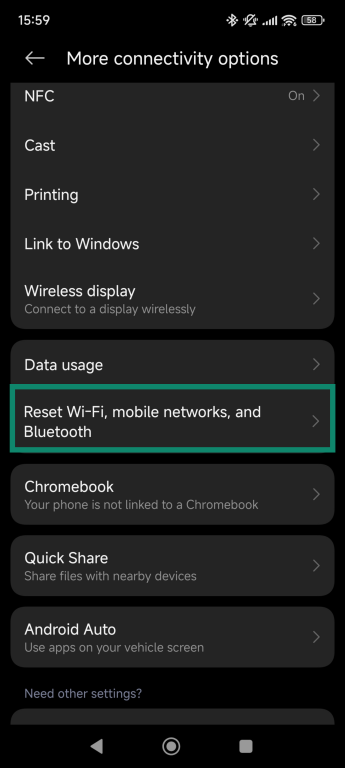 Android's More connectivity options screen with