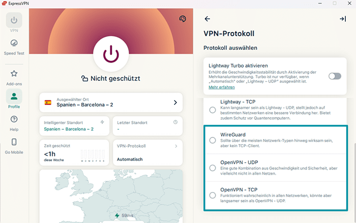 ExpressVPN's protocol list on Windows, highlighting the WireGuard option, as well as OpenVPN-UDP and OpenVPN-TCP.
