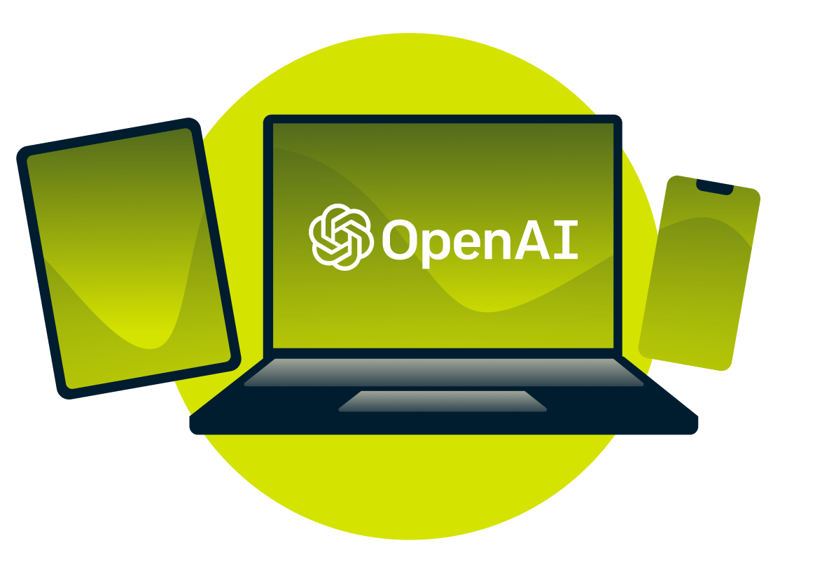 OpenAIロゴが入ったノートパソコン、タブレット、スマホ。