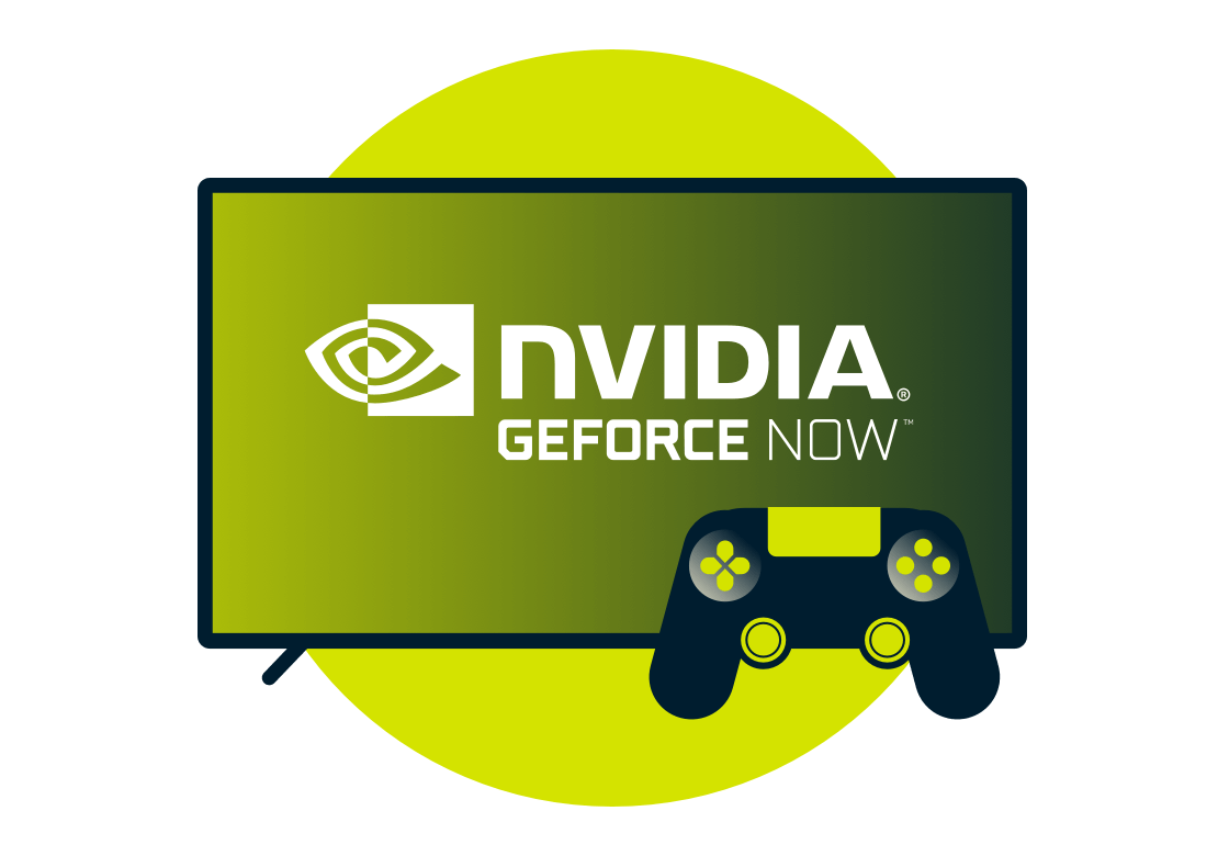 Nvidia GeForce Now'n logo ruudulla, jonka kyljess&auml; on peliohjain