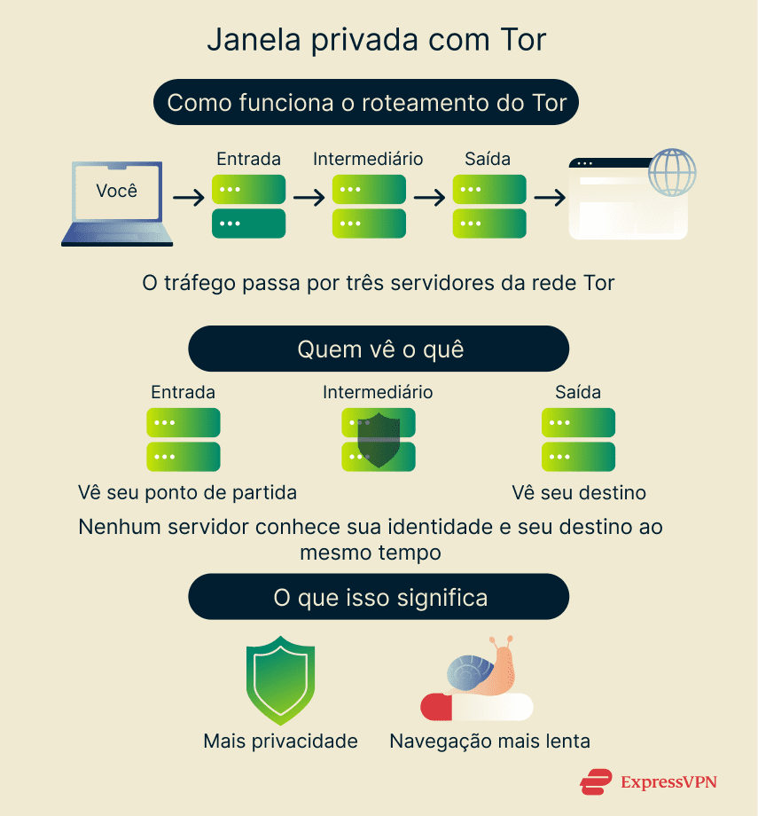 An overview of how Brave’s Private Window with Tor routes traffic through multiple servers for stronger privacy and anonymity.
