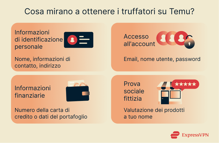 Infographic showing what scammers on Temu are after, including personally identifiable information and financial information.