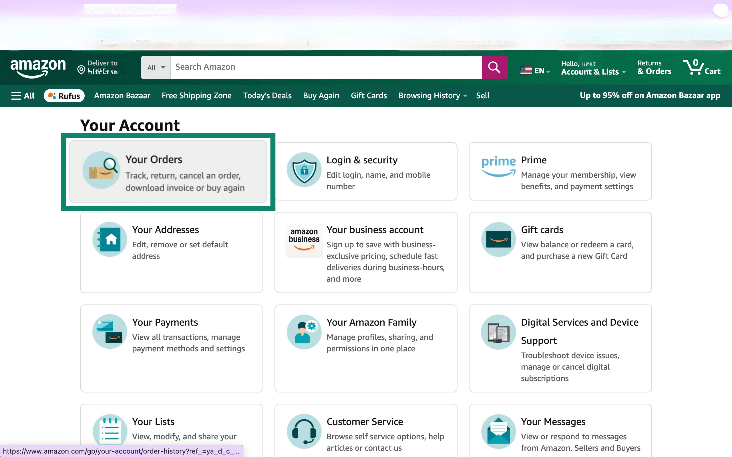 The Amazon account page highlighting 