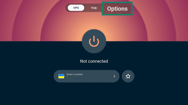 The ExpressVPN smart TV app open with "Options" highlighted.