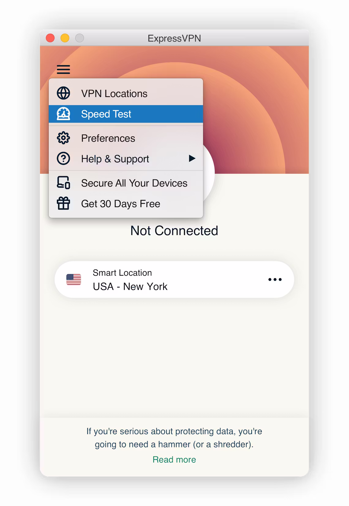 V&auml;lja Hastighetstest p&aring; ExpressVPN-gr&auml;nssnittet.