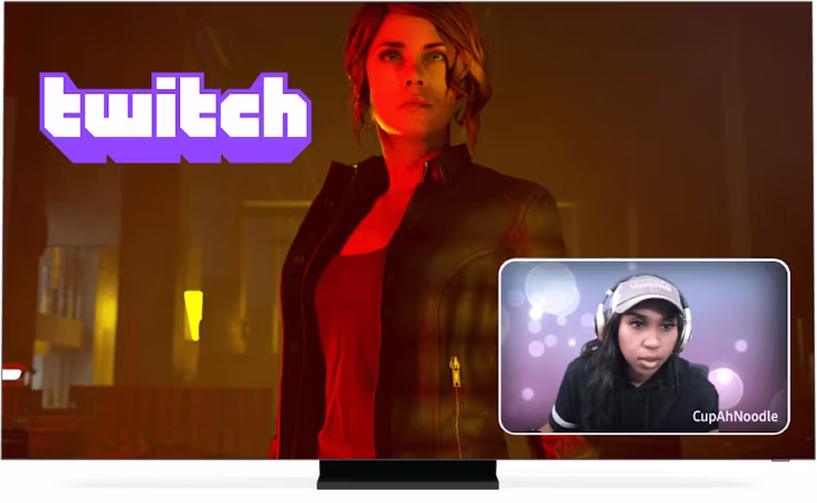 Logo Twitch, jeu et un streamer &agrave; l'&eacute;cran.