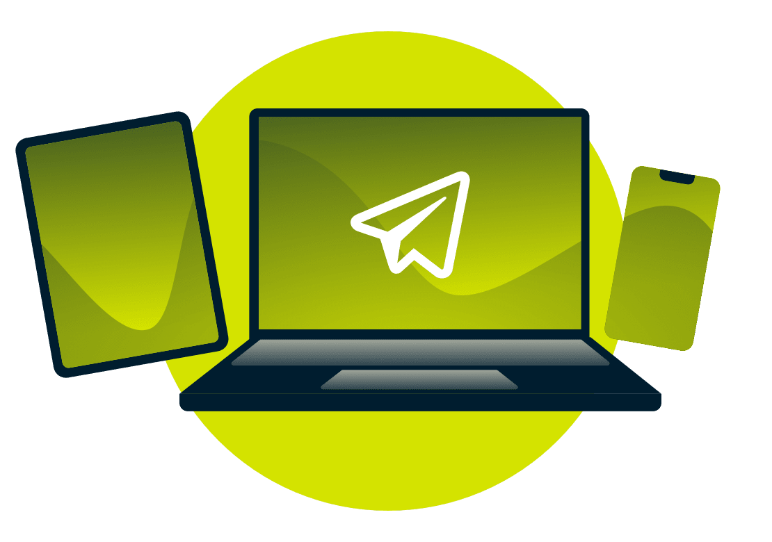 El logotipo de Telegram en un port&aacute;til, un tel&eacute;fono y una tableta.