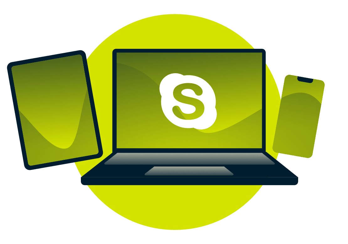 A laptop, tablet, and phone, with the Skype logo.