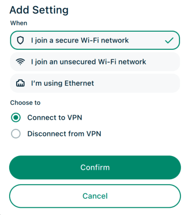 The Add Setting window from the Auto-connect options in the ExpressVPN app on macOS.