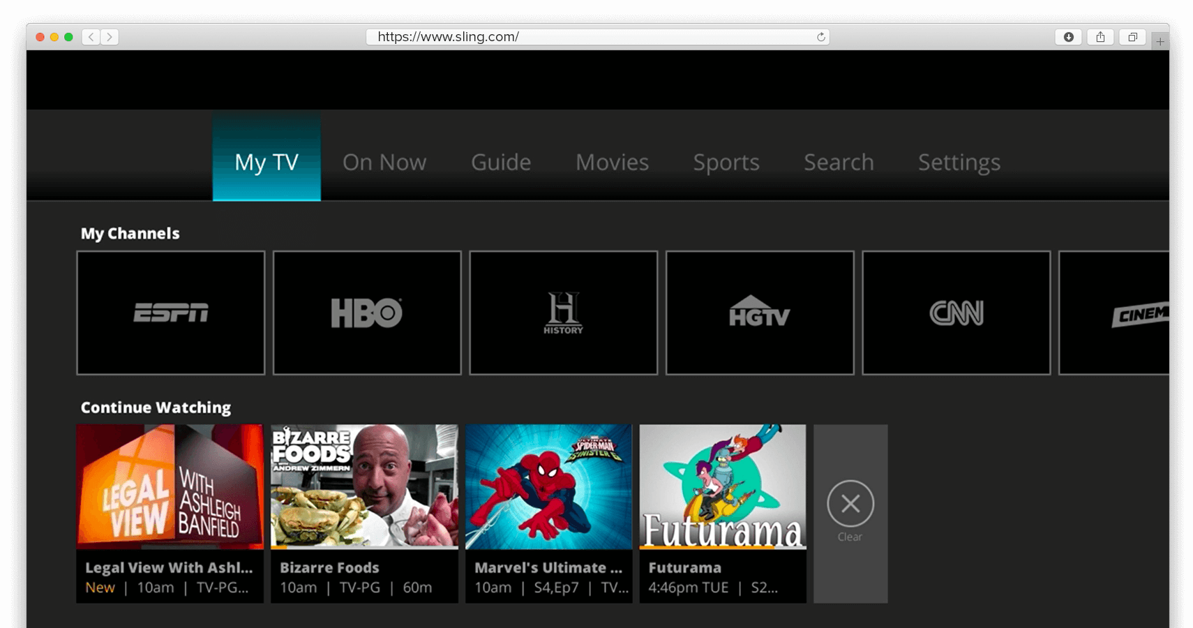 Copie d'&eacute;cran de la page d'accueil de Sling TV