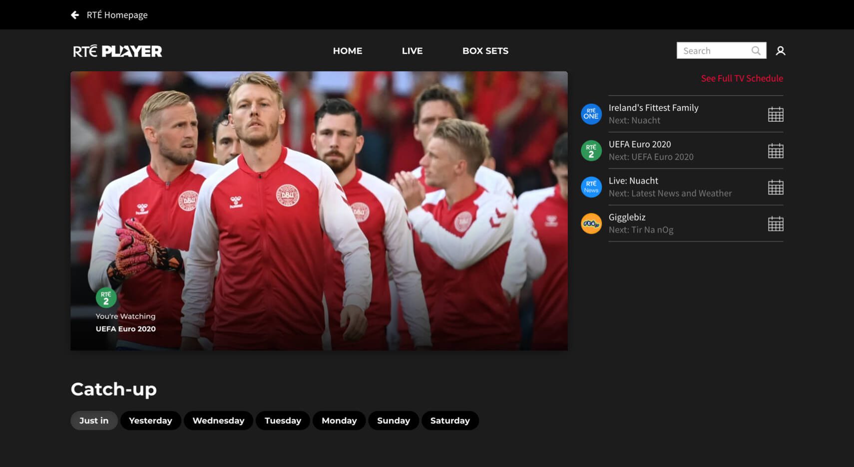 RTÉ Player on a desktop screen.