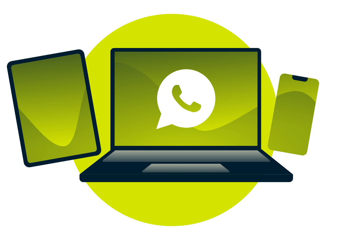 En b&aelig;rbar computer, en tablet og en telefon med WhatsApp-logoet.